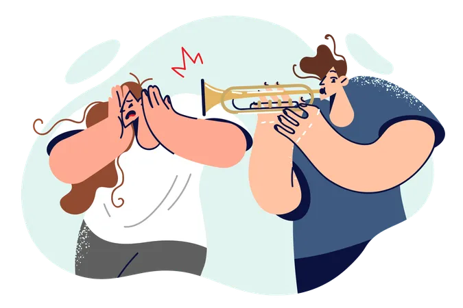 L'homme joue du trombone, ce qui gêne la femme, se bouche les oreilles et ne veut pas écouter de musique  Illustration