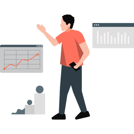 L'homme montre un graphique en hausse des affaires  Illustration