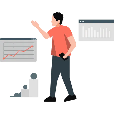 L'homme montre un graphique en hausse des affaires  Illustration