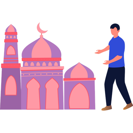 L'homme montre le minaret de la mosquée  Illustration