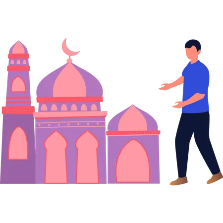 L'homme montre le minaret de la mosquée  Illustration