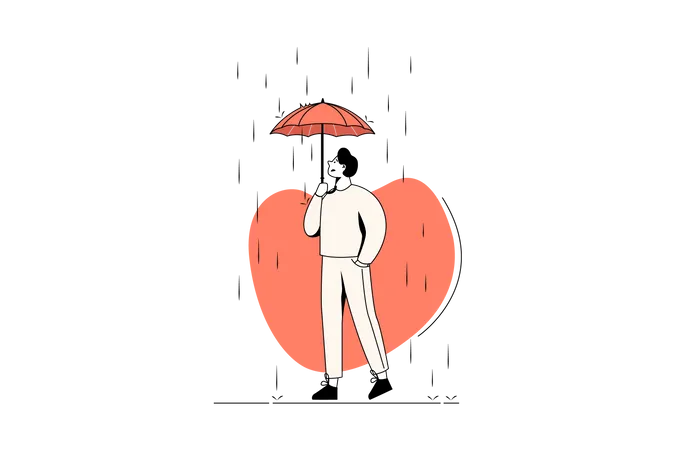 L'homme ne peut pas obtenir de protection à cause d'un petit parapluie sous la pluie  Illustration