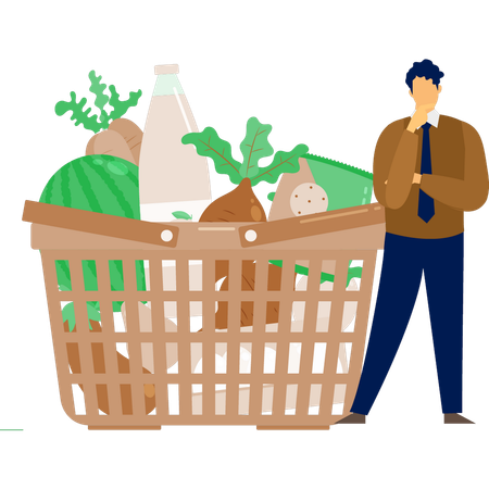 L'homme pense au panier d'épicerie en ligne  Illustration