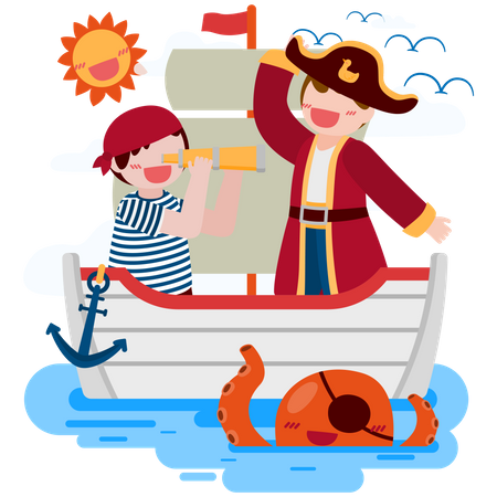 L'homme pirate et le garçon de salade utilisent des jumelles sur un bateau et des calmars dans la mer  Illustration