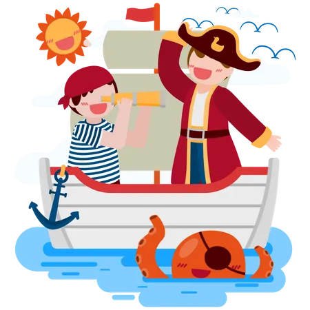 L'homme pirate et le garçon de salade utilisent des jumelles sur un bateau et des calmars dans la mer  Illustration