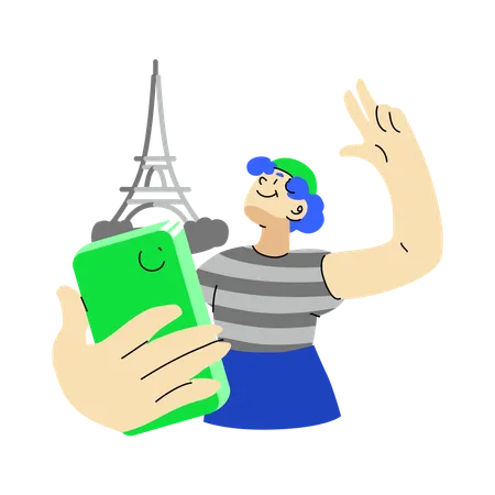 Un homme prend des selfies avec la tour Eiffel  Illustration