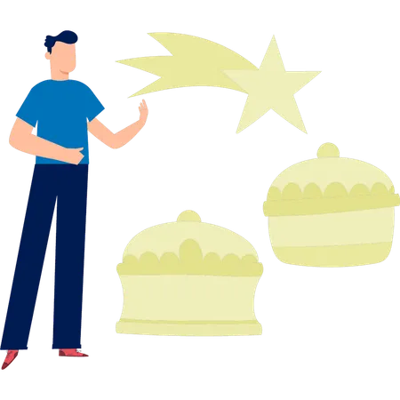 L'homme présente un buffet de couverture de nourriture  Illustration