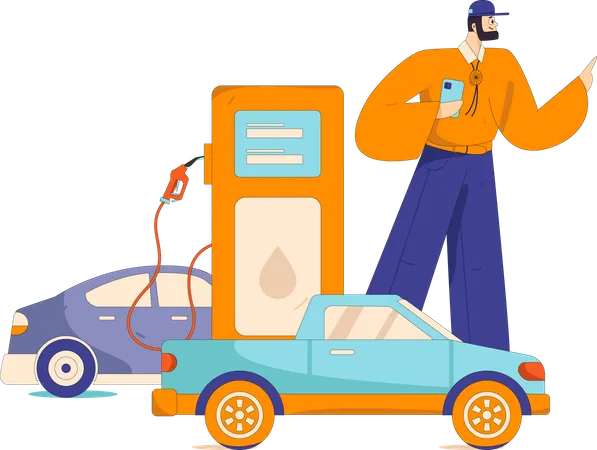 Un homme fait le plein d'essence dans une voiture  Illustration