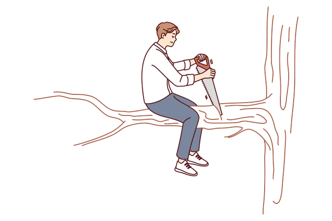 L’homme scie une branche d’arbre sur laquelle il est assis  Illustration