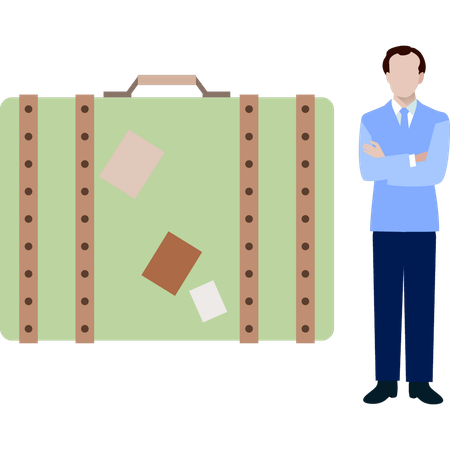 L'homme se tient à côté de la mallette  Illustration