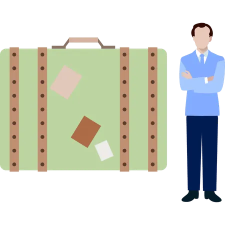 L'homme se tient à côté de la mallette  Illustration