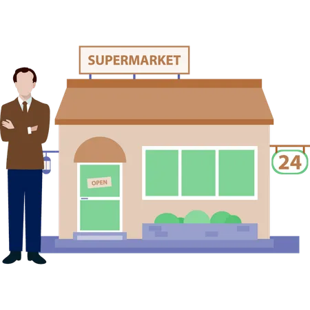 L'homme se tient près d'un supermarché  Illustration