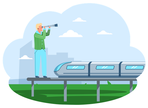 L’homme se tient sur la plate-forme du chemin de fer moderne  Illustration