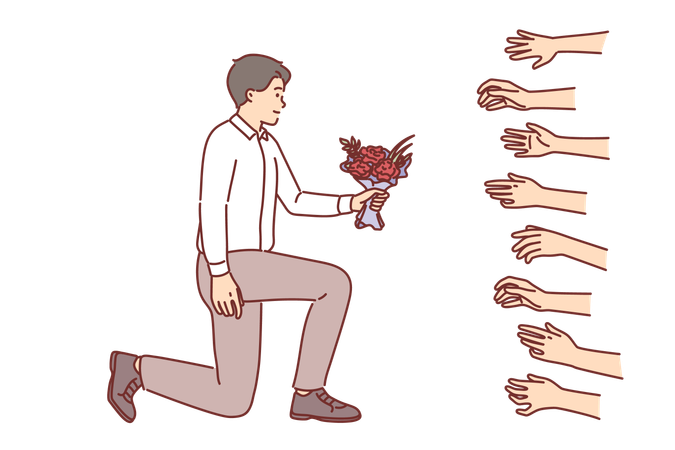 L'homme séduisant avec un bouquet de fleurs est populaire parmi les femmes qui veulent sortir avec Lavalas  Illustration