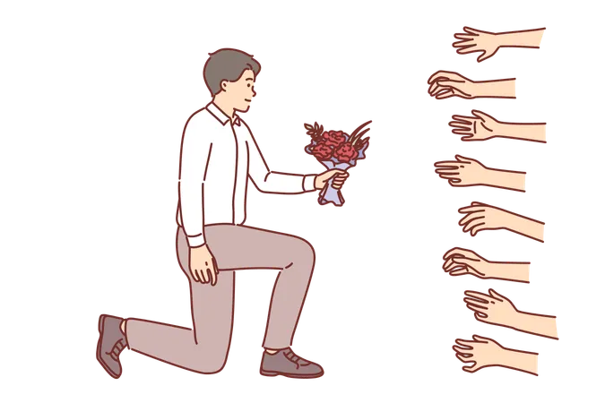 L'homme séduisant avec un bouquet de fleurs est populaire parmi les femmes qui veulent sortir avec Lavalas  Illustration