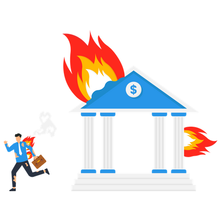 Un homme s’enfuit d’une banque en feu  Illustration