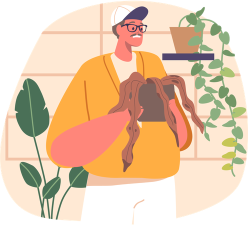 L’homme prend soin des plantes fanées  Illustration