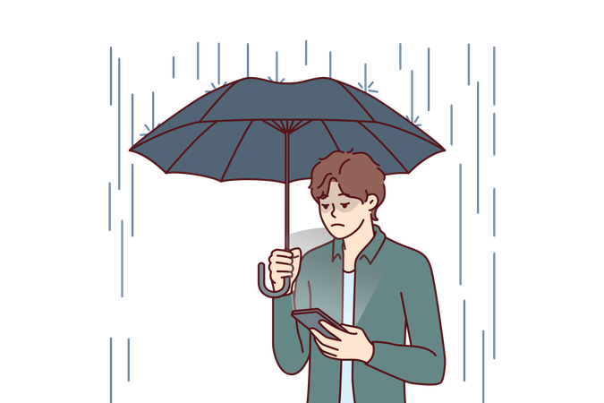 L'homme tient un parapluie sous une forte pluie  Illustration