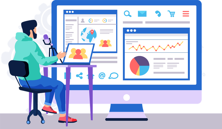 L'homme travaille avec des données et des statistiques commerciales  Illustration