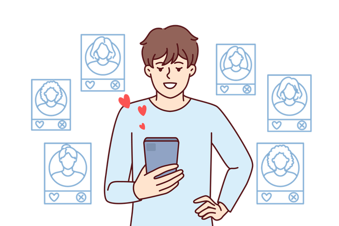 Un homme utilise des applications de rencontres sur mobile  Illustration