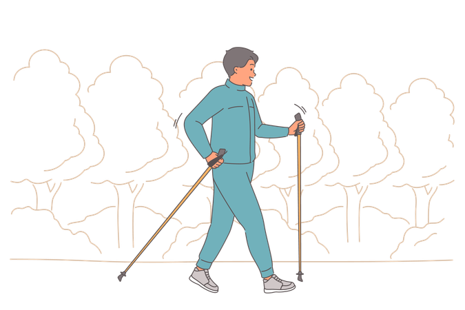 L'homme utilise la marche nordique pour se promener dans un parc et adopter un mode de vie actif qui améliore le bien-être  Illustration