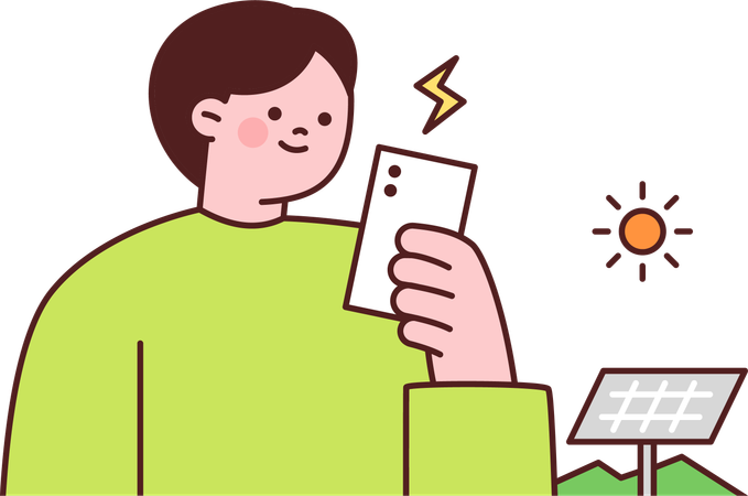 L'homme utilise l'énergie solaire dans une batterie mobile  Illustration