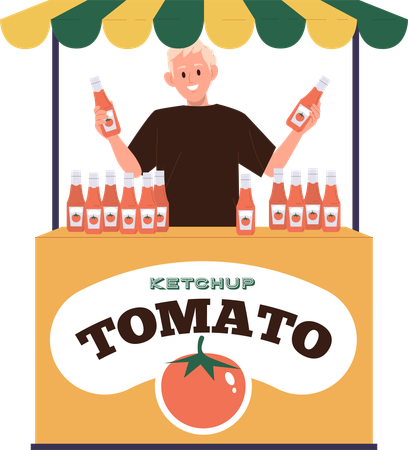 L'homme vend du ketchup aux tomates au stand  Illustration