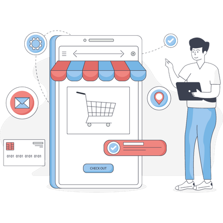 L'homme vérifie la commande en ligne  Illustration