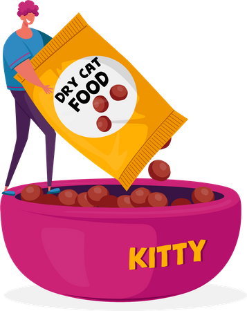 L'homme verse la collation du chaton dans l'assiette pour nourrir le chaton  Illustration