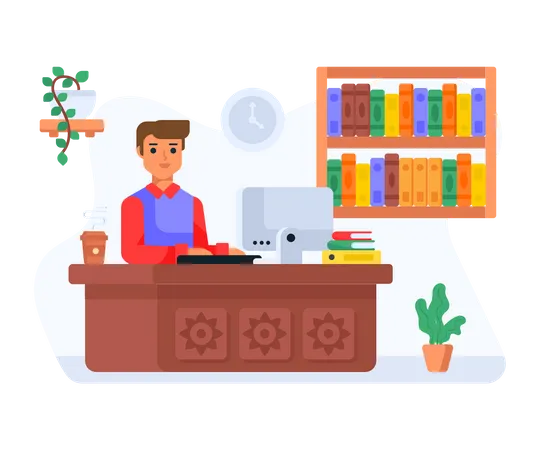 A Librarian Sitting On A Table With Books Behind Flat Icon Illustration