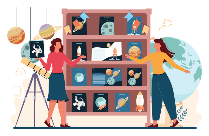 Librarian managing books in shelf  일러스트레이션