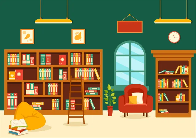 Library Vector Illustration Of Book Shelves With Interior Wooden Furniture For Reading Education And Knowledge In Flat Cartoon Background Design Illustration