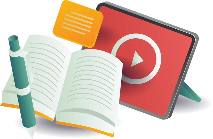 Libro abierto con videotutorial en tablet  Ilustración