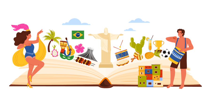 Libro de cultura brasileña con símbolos, tradiciones y lugares de interés  Ilustración