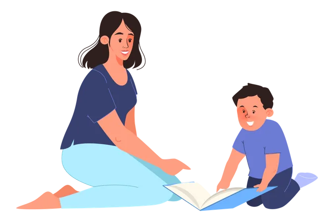 Libro de lectura de madre e hijo  Ilustración