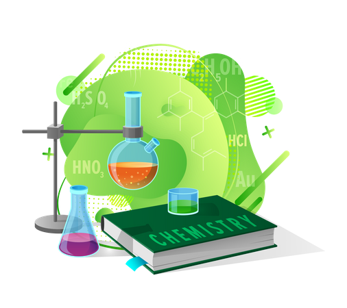 Libro de química con experimentos científicos.  Ilustración