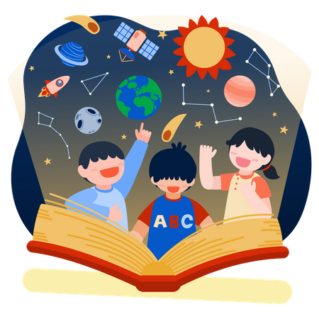 Niños leyendo libro espacial  Ilustración