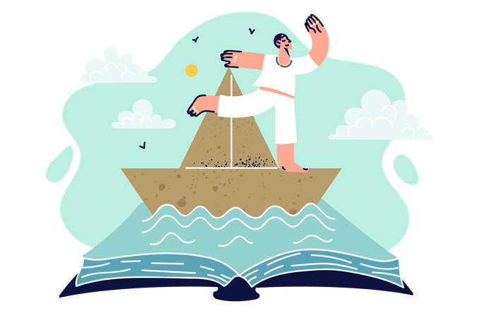Libro sobre viajes por mar con un hombre de pie en un barco  Ilustración