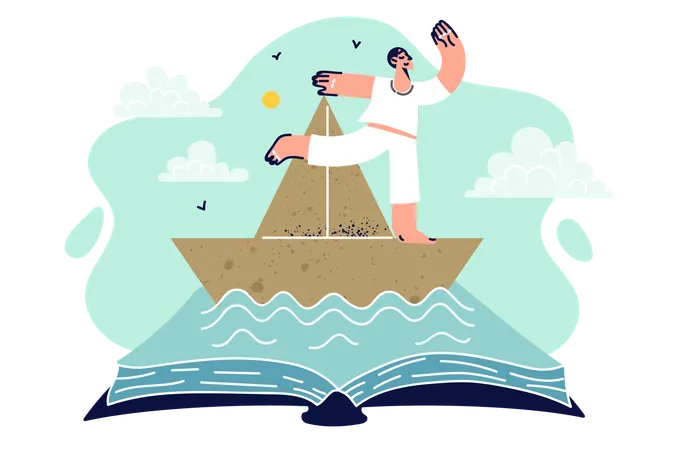 Libro sobre viajes por mar con un hombre de pie en un barco  Ilustración