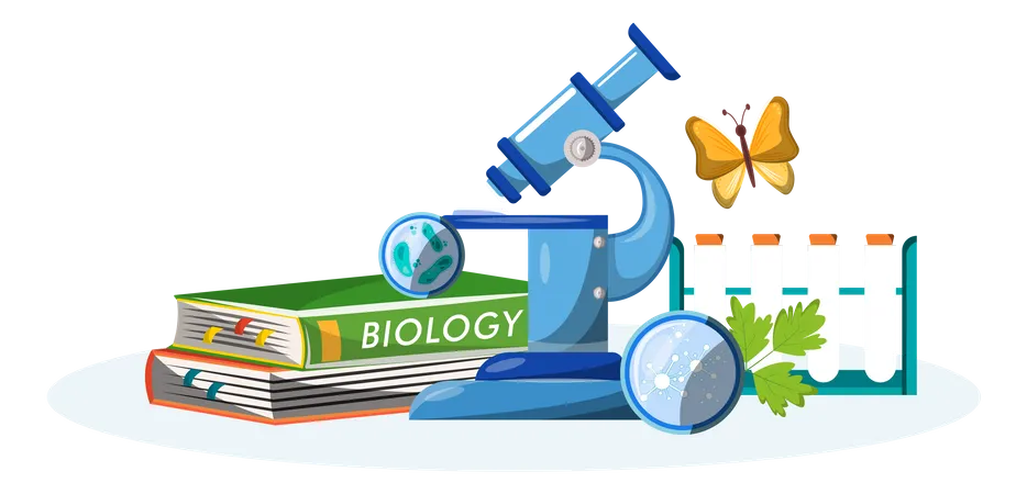 Libro y equipo de biología.  Ilustración