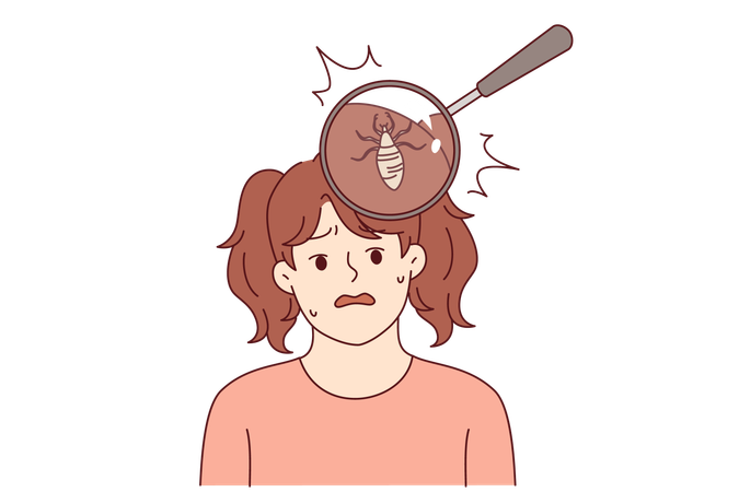 Lice and parasites live in hair of little girl who needs medicated shampoo or visit to hairdresser  Illustration