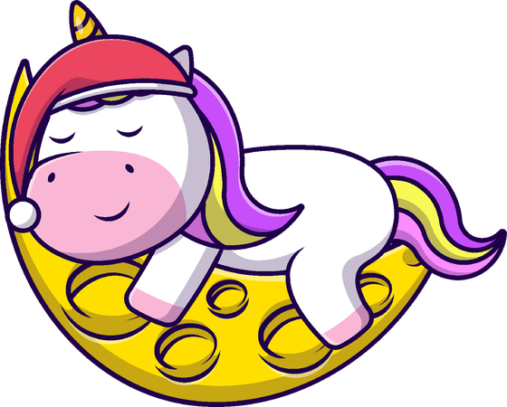 Licorne dormant sur la lune portant un bonnet  Illustration