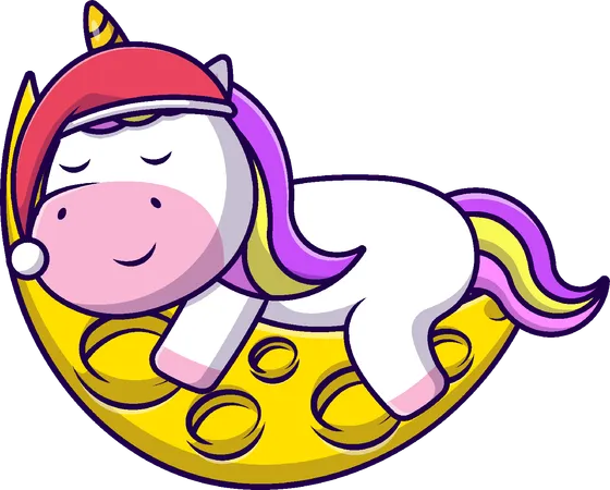 Licorne dormant sur la lune portant un bonnet  Illustration