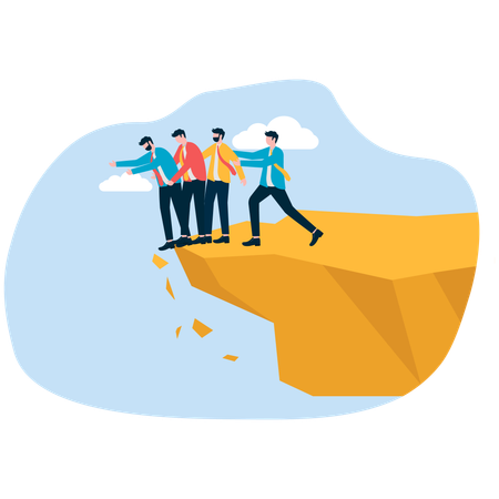 Líder de equipo ayudando a empleado desde la cima de la montaña  Ilustración