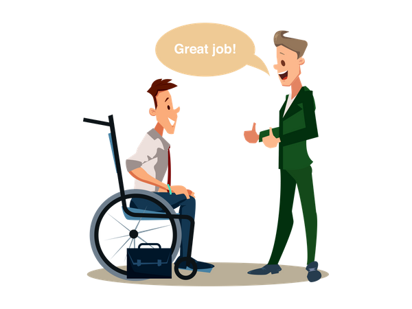 Líder diciendo "Buen trabajo" al empresario discapacitado  Ilustración