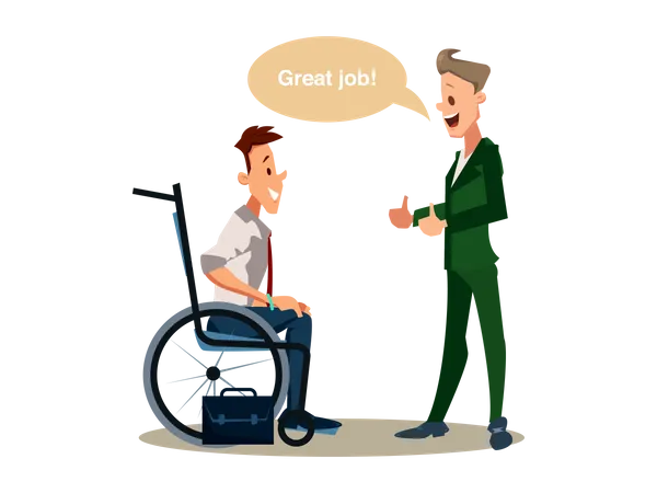 Líder diciendo "Buen trabajo" al empresario discapacitado  Ilustración