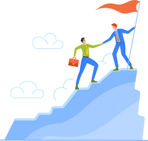 Líder empresarial ayuda a un colega a subir a la cima de la montaña  Ilustración