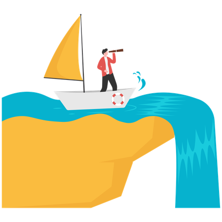 El líder empresarial encuentra dirección mientras guía a sus subordinados hacia la cascada  Ilustración
