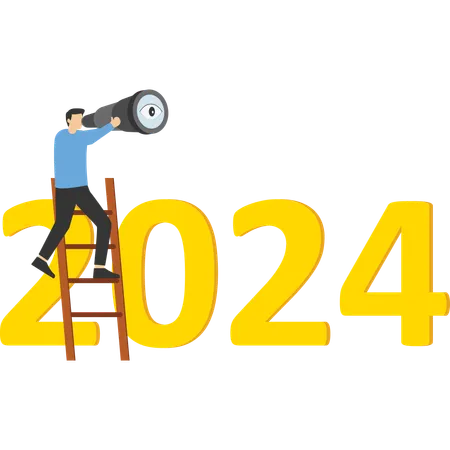 Líder empresarial que utiliza un telescopio para ver la visión en la parte superior de la escalera por encima del número del año 2025.  Ilustración