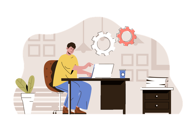 Líder empresarial trabalhando no laptop  Ilustração